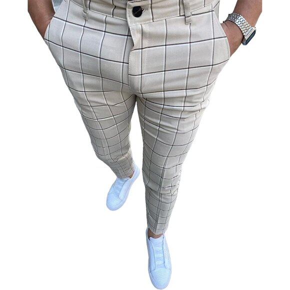 Men's Fashion Stretch Dress Pants Slim Fit Plaid Pants Golf Pants
